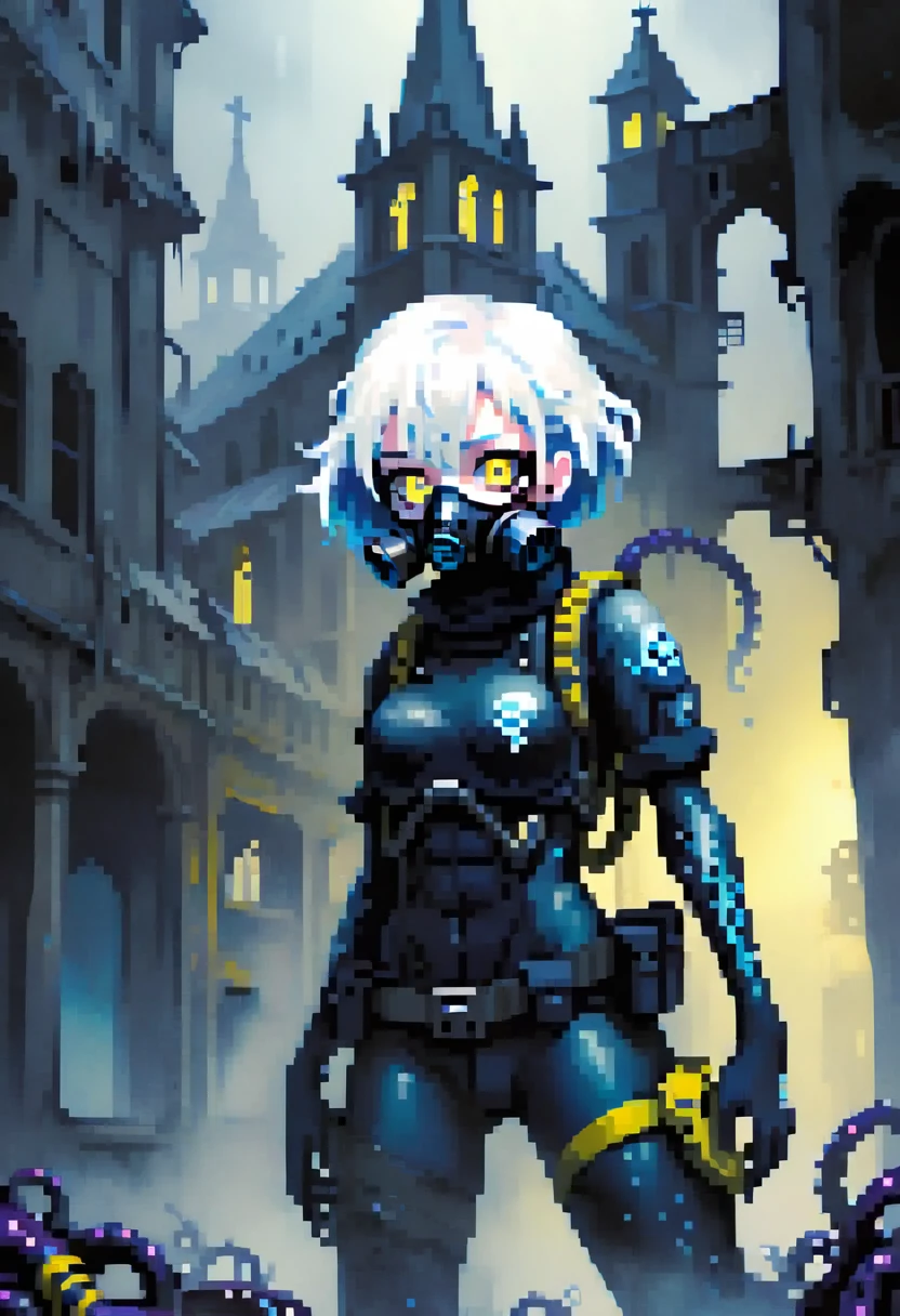  1 Monster Girl ,short hair with hidden blue dyeing,Eye color: yellow,big eyes,in a quiet dark abandoned city , gas mask on face, blue tentacles crawl out from under the anti-gizzard mask,from below,pale skin,Extremely white skin,glossy,A machine gun in his hand, black with blue details military uniform\),background\(Dark, foggy church) even more sexy 