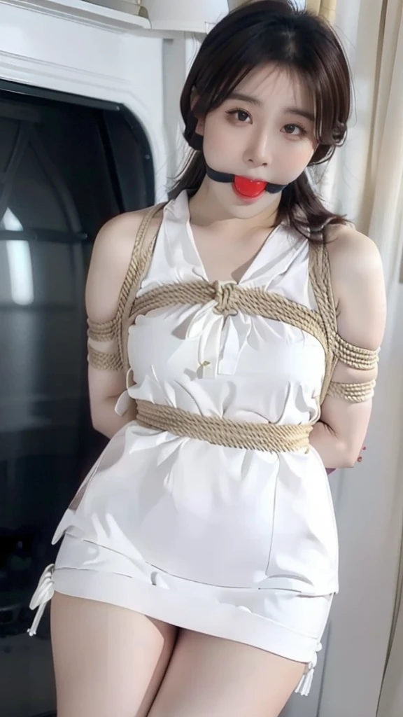 Best Quality, masutepiece, beautiful mature women、Beautiful face、Faint-hearted woman、Office Suits、Tight mini skirt、brown haired、Brown-eyed、Longhaire、Undersized eyes、Full body likeballgag ,bondage (Shibari,hands tied behind back:1.5), (Shibari:1.21),Tied up,Thigh vibrator