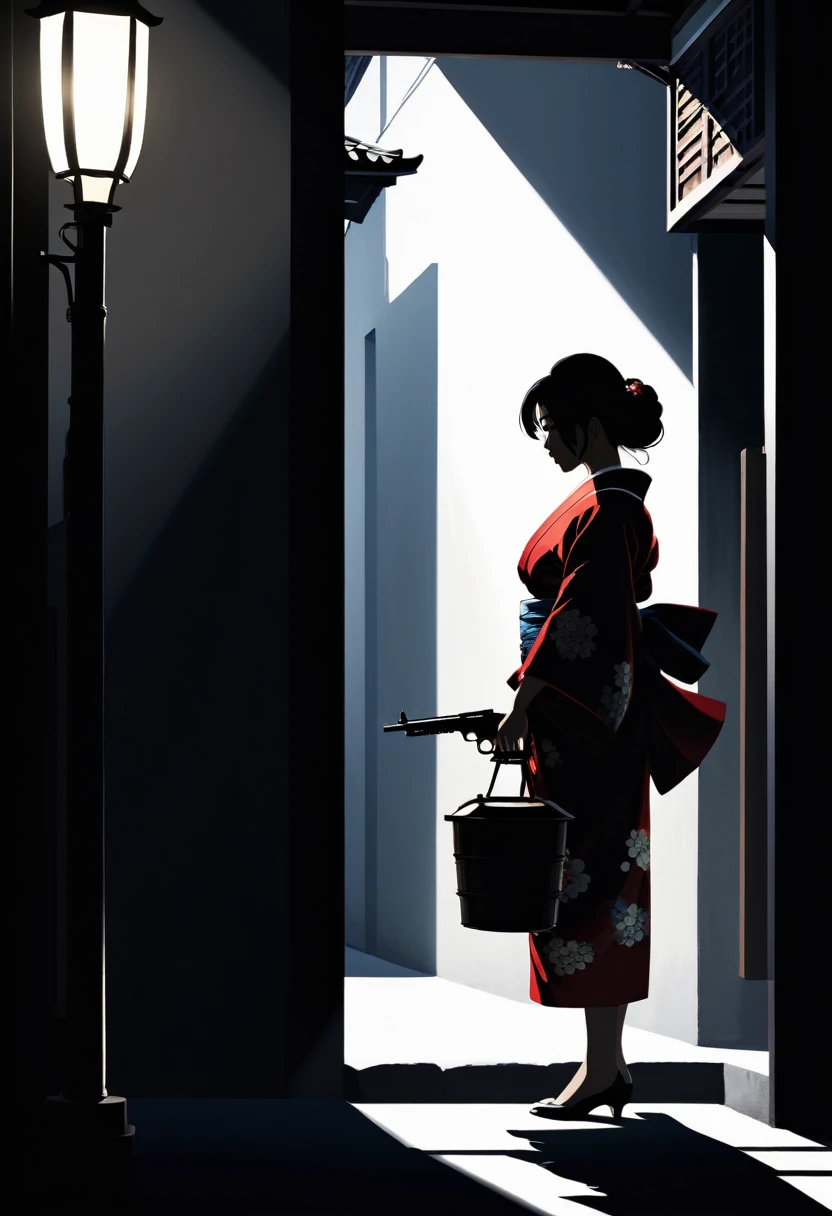 Side silhouette under the street lamp, Shadow of a beautiful Japanese woman in a kimono,High contrast,  A woman in a kimono is holding a machine gun　Cinema lighting, Mysterious atmosphere, Theatrical shadow,  Artistic medium: oil [The color is black, Theatrical, High contrast], Highest quality, Super detailed, Realistic Style, Monochromatic color palette, Moody light, Light and Dark Effects, Complex shadows, Great brushwork