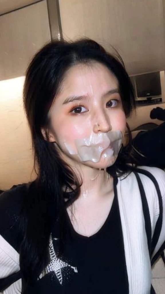 One female, selfie、face close up、cheerful smile、big tear bag、tape gag,Room lighting:none、front lighting:weak、Photo taken with iPhone、Japanese cute half-haired girl、profile、looking at the camera、black sweater, white wallpaper only, Rooms without lights、Cleavage Bulge(((Blindfolded)))(((Duct tape covers mouth to nose))), wet face, sperm everywhere,White hair