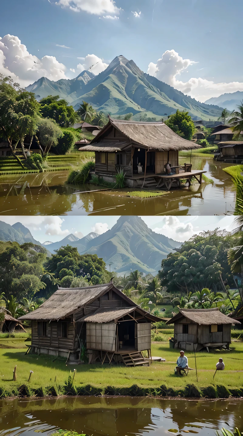 Pictures of old times, an old hut in the middle of a rice field, In front of him there was an old grandfather sitting, in front of the hut there is a small river, There were people passing by on bicycles about to go to the rice fields, background of mountains and coconut trees, the atmosphere is cool, realistic photo, high detail.cat air.