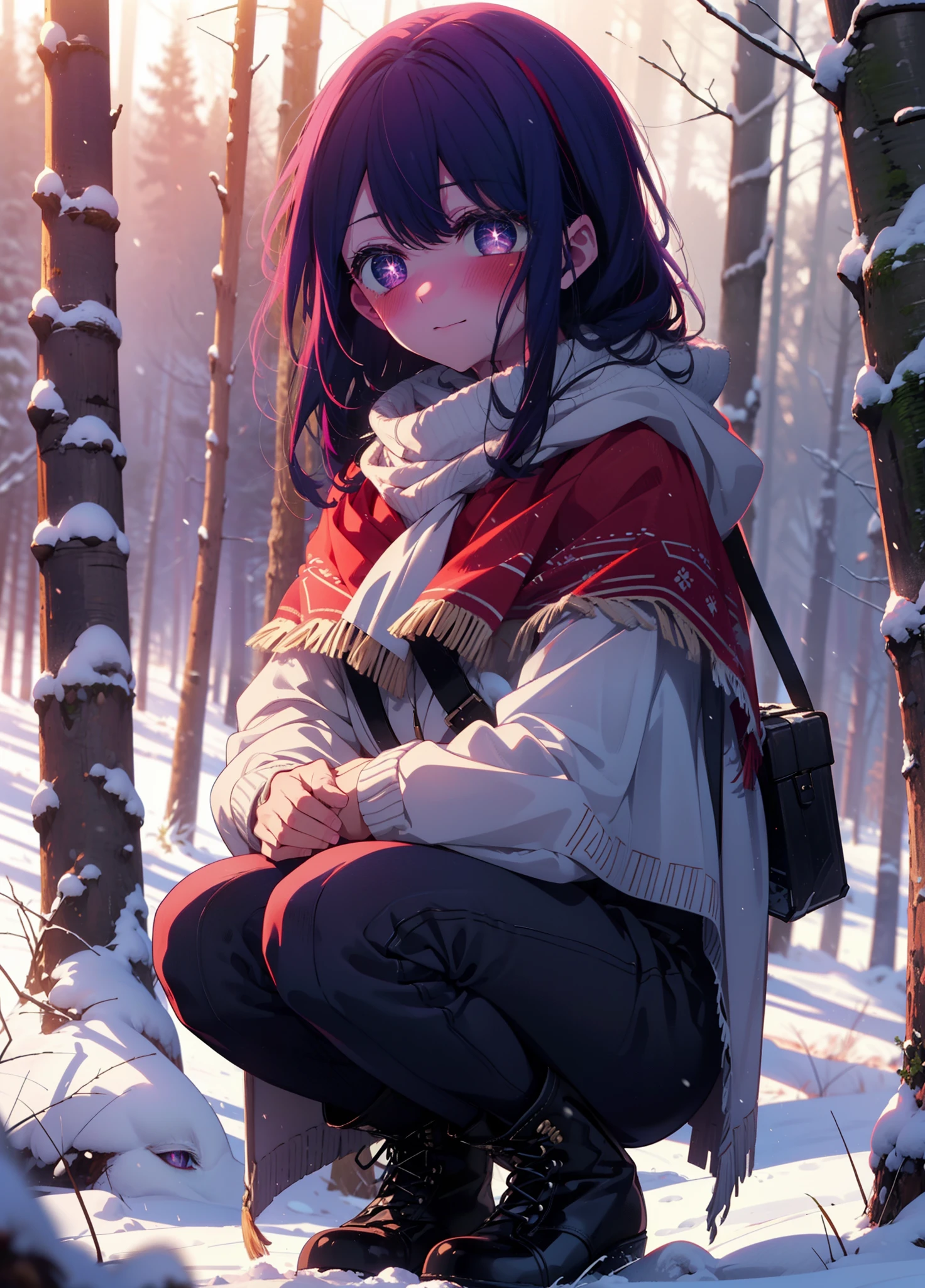 aihoshino, Ai Hoshino, Long Hair, bangs, (Purple eyes:1.1), Purple Hair, (Symbol-shaped pupil:1.5), smile,,smile,blush,white breath,
Open your mouth,snow,Ground bonfire, Outdoor, boots, snowing, From the side, wood, suitcase, Cape, Blurred, , forest, White handbag, nature, Squat, Mouth closed, Cape, winter, Written boundary depth, Black shoes, red Cape break looking at viewer, Upper Body, whole body, break Outdoor, forest, nature, break (masterpiece:1.2), Highest quality, High resolution, unity 8k wallpaper, (shape:0.8), (Beautiful and beautiful eyes:1.6), Highly detailed face, Perfect lighting, Highly detailed CG, (Perfect hands, Perfect Anatomy),