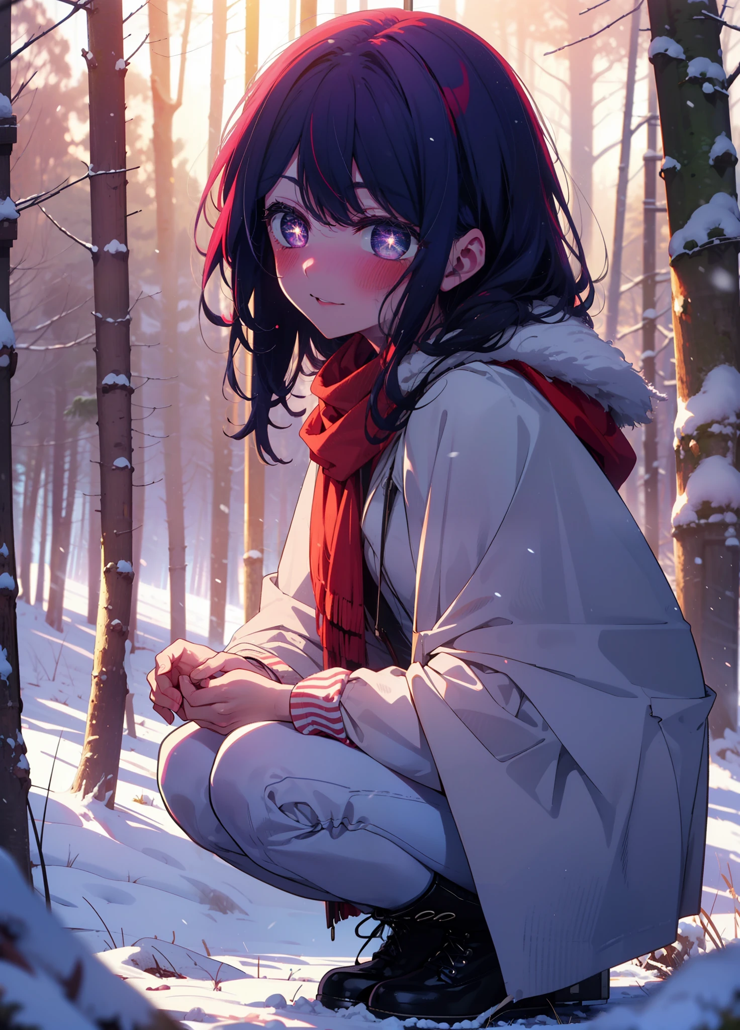 aihoshino, Ai Hoshino, Long Hair, bangs, (Purple eyes:1.1), Purple Hair, (Symbol-shaped pupil:1.5), smile,,smile,blush,white breath,
Open your mouth,snow,Ground bonfire, Outdoor, boots, snowing, From the side, wood, suitcase, Cape, Blurred, , forest, White handbag, nature,  Squat, Mouth closed, Cape, winter, Written boundary depth, Black shoes, red Cape break looking at viewer, Upper Body, whole body, break Outdoor, forest, nature, break (masterpiece:1.2), Highest quality, High resolution, unity 8k wallpaper, (shape:0.8), (Beautiful and beautiful eyes:1.6), Highly detailed face, Perfect lighting, Highly detailed CG, (Perfect hands, Perfect ???????),