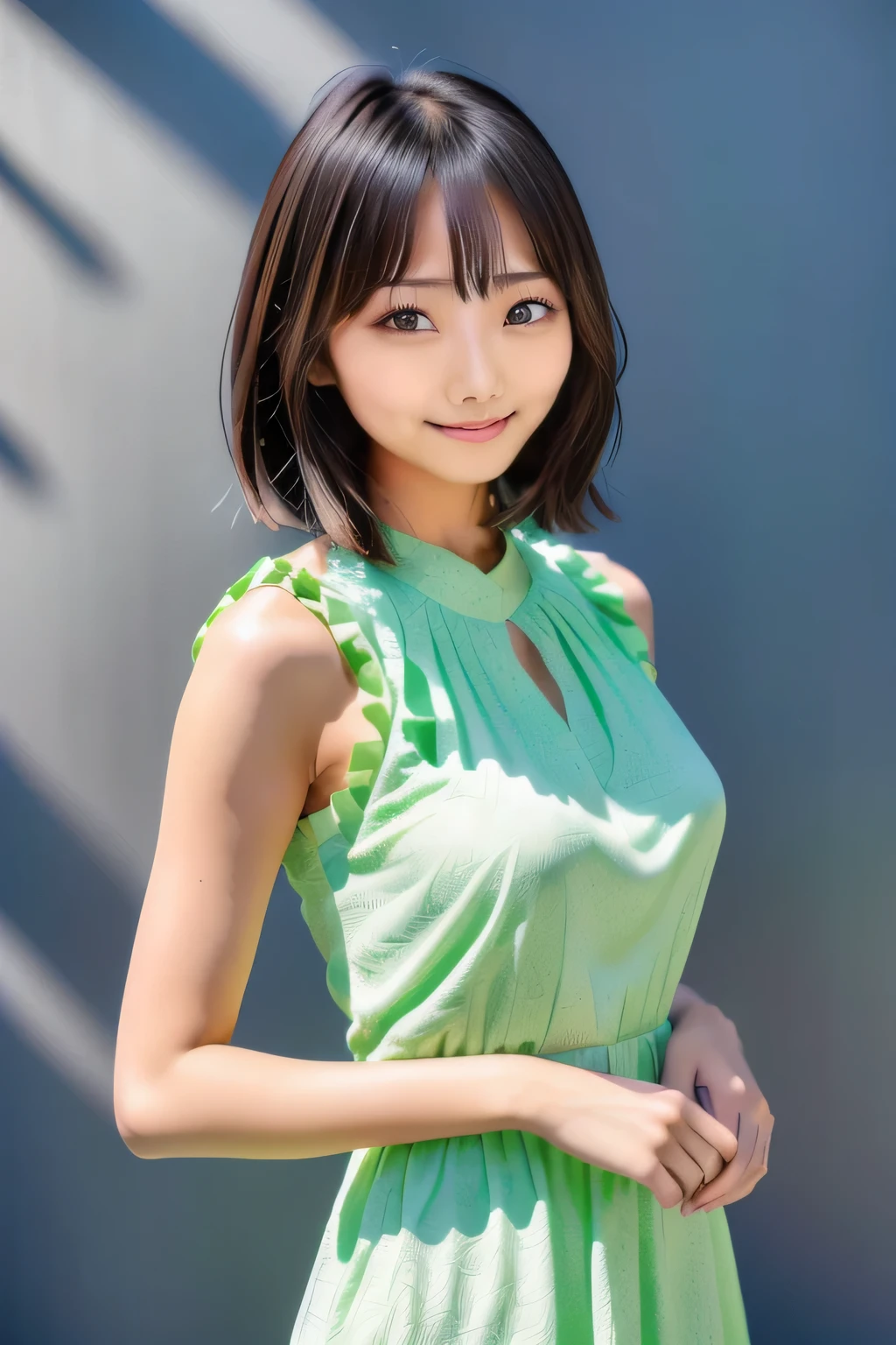 Asian woman taking a photo in a light green dress, Young and cute gravure idol, Young Sensual Gravure Idol, Real young gravure idol, My motto is Teshirogi, Short Hair, Young and skinny gravure idol, Long straight hair, narumi kakinouchi, Japanese Model, Aoi Ogata, Face that faithfully reproduces the face of LoRA, High resolution, Very detailed, Natural Bangs, highest quality