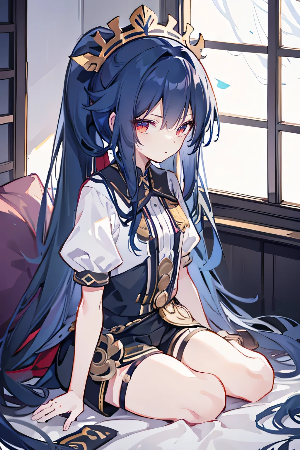 girl，Medium chest，Headdress，Tall，young，Set-Gladiator，Long hair，hair tying，indoor，Black shorts，Knee-length，Low Ponytail，dark blue long hair，