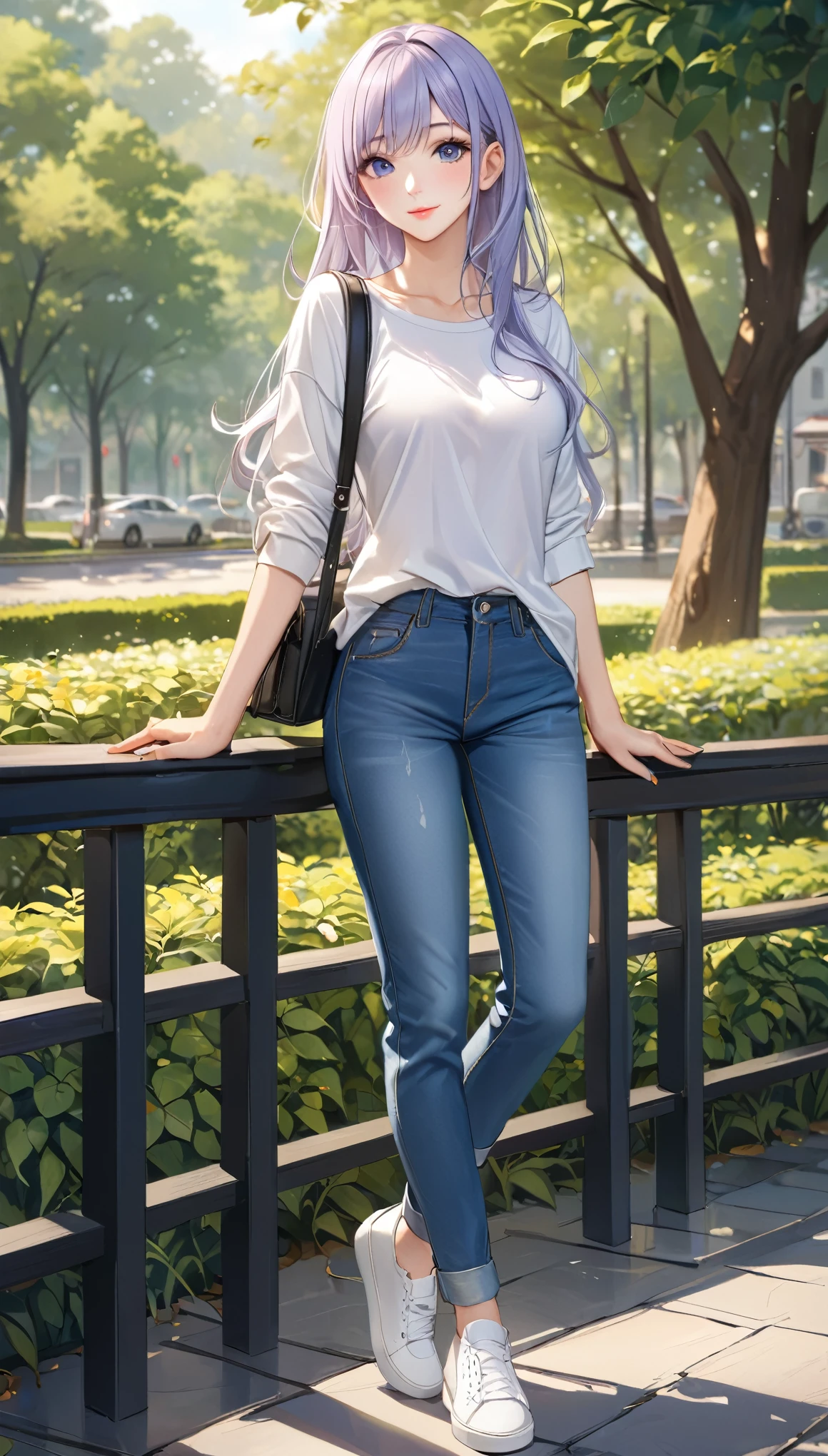 ((best quality, masterpiece:1.3, 8K)), (detailed), highly detailed face and skin texture, detailed eyes, full body, outdoor, (slender body:1.1), 1girl, (solo), (18+ years old), white skin, bright lips, seductive smile, long hair, casual outfit, medium breast, (jeans pants),