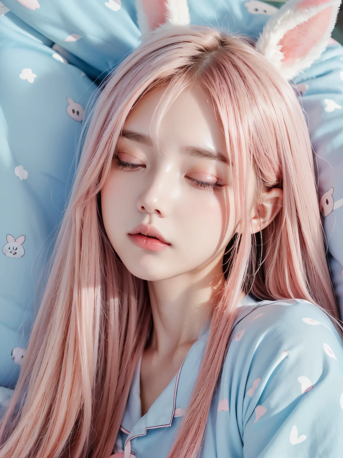 sleeping, closed eyes、ull body、 Wearing very sloppy pajamas, Very sloppy pajama details((light blue、Rabbit pattern)),Very detailed,(Beautiful pink hair, Beautiful eyes, Long Hair, )Beautiful Face、Well-formed face、Well-balanced nose、Color your hair pink、bed、night、