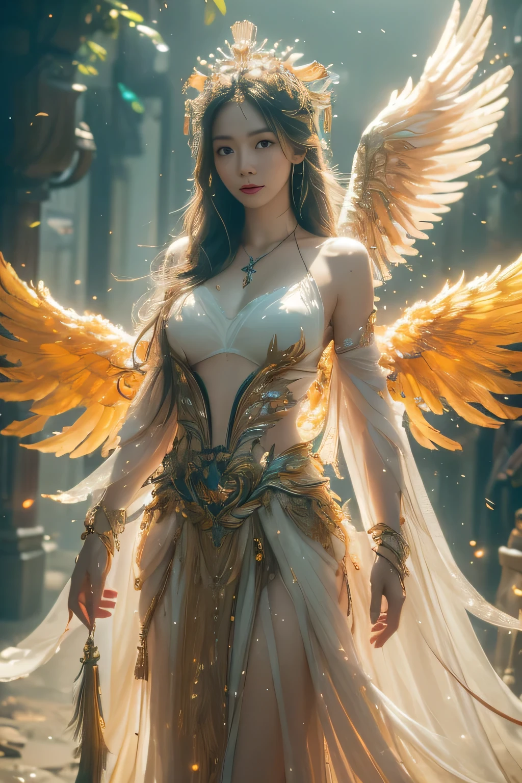 masterpiece, best quality, (Extremely detailed CG unity 8k wallpaper), (best quality), (Best Illustration), (The best shadow), absurd, Realistic lighting, (abyss), Beautiful and delicate light, Peter Moore (Peter Mohr Bacher) Artworks,Oversized wings。Angel Girl，Flying to the clouds，White Cloud，White Cloud，Blue sky。White long skirt，Golden Wings，Send with aperture。