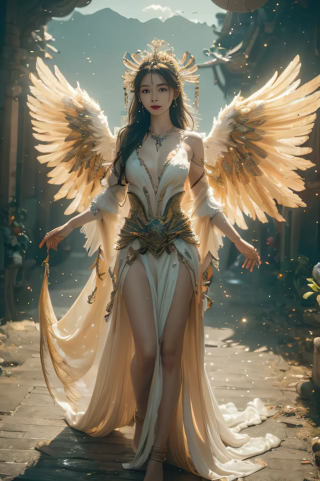 masterpiece, best quality, (Extremely detailed CG unity 8k wallpaper), (best quality), (Best Illustration), (The best shadow), absurd, Realistic lighting, (abyss), Beautiful and delicate light, Peter Moore (Peter Mohr Bacher) Artworks,Oversized wings。Angel Girl，Flying to the clouds，White Cloud，White Cloud，Blue sky。White long skirt，Golden Wings，Send with aperture。