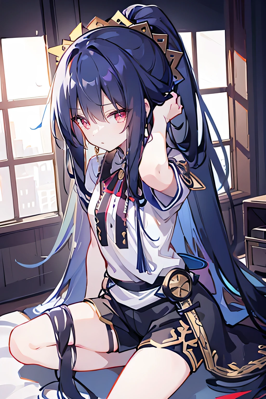 girl,Medium chest,Headdress,Tall,young,Set-Gladiator,Long hair,hair tying,indoor,Black shorts,Knee-length,Low Ponytail,dark blue long hair,