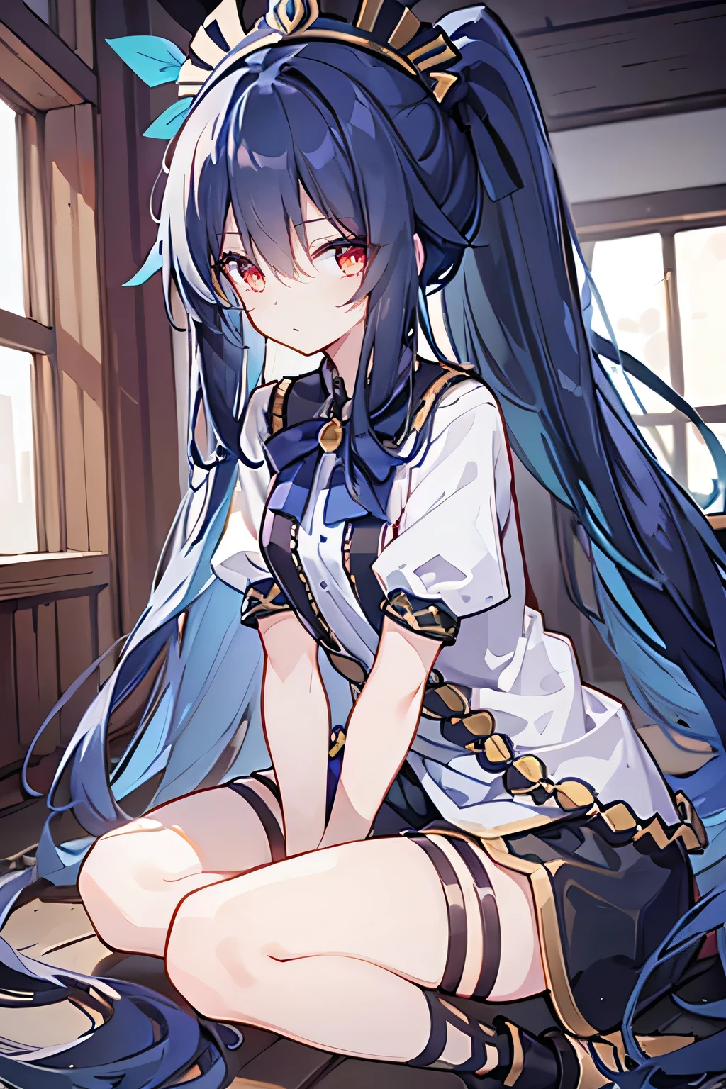 girl，Medium chest，Headdress，Tall，young，Set-Gladiator，Long hair，hair tying，indoor，Black shorts，Knee-length，Low Ponytail，dark blue long hair，