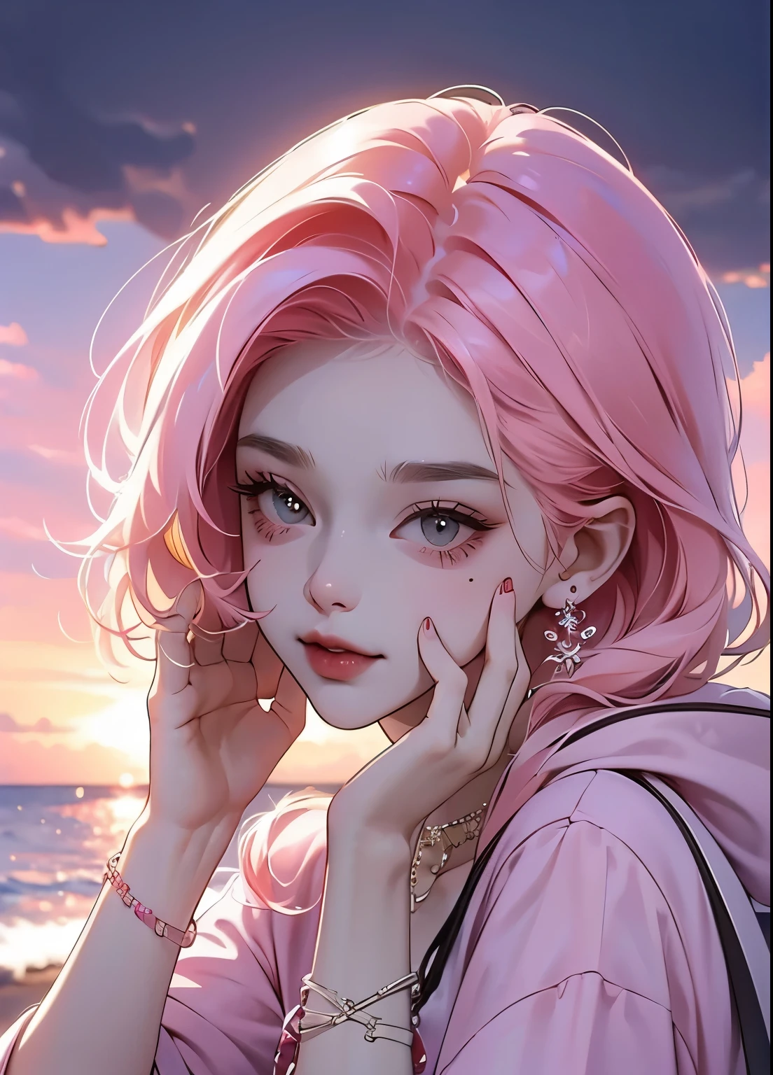 , huge, Double tail, pink hair, Hoodies, retro gothic, posture, Lovely, face up, high quality, necklace, ring, bracelet, earrings，Full body close-up