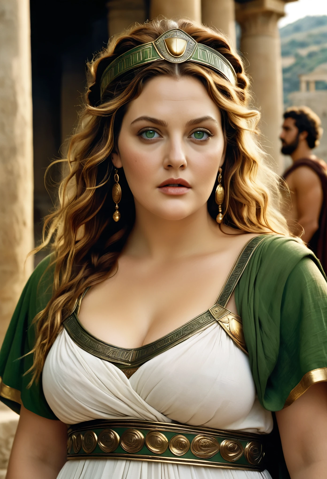Looks like Drew Barrymore, A white thick woman with big breasts and a curvy body, brown hair and green eyes wearing ancient Greek war clothes, best quality, masterpiece,