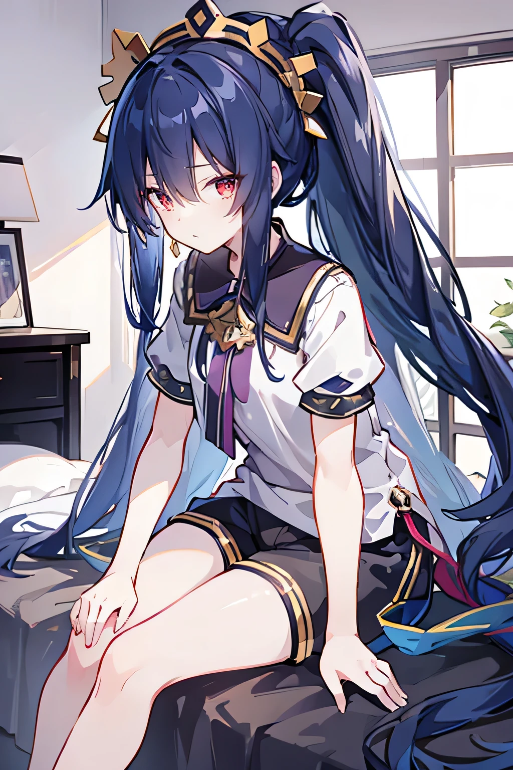 girl,Medium chest,Headdress,Tall,young,Set-Gladiator,Long hair,hair tying,indoor,Black shorts,Knee-length,Low Ponytail,dark blue long hair,