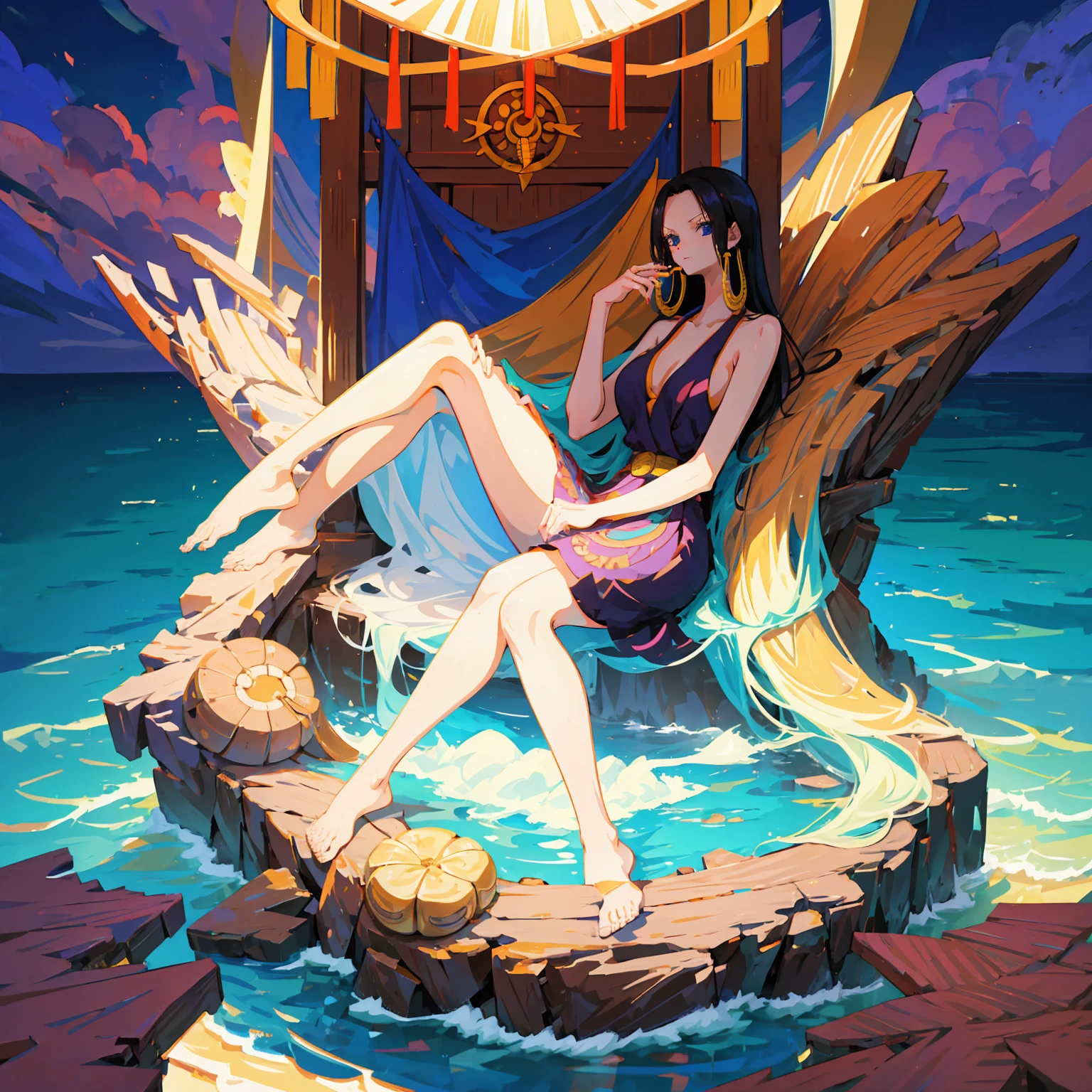 Create an 8k masterpiece of Boa Hancock from One Piece. boa_hancock, 1girl, She is sitting on her knees, with long, messy straight black hair and a hime haircut. Her deep sea-blue eyes have a confident expression. She wears a purple strapless dress with a deep neckline that reveals part of her chest and a high slit on the left side. The dress exposes reveals her shoulders, stomach, and legs from thigh to knee, her feet and legs are visible, she is sitting on her feet, sitting on knees, with a small loin cloth around her hips. She is adorned with large golden hoop earrings. The background features a tropical One Piece setting with a vibrant carpet, wooden or wicker nautical-style furniture, potted plants, seashells, and maps, creating an adventurous yet sophisticated atmosphere.