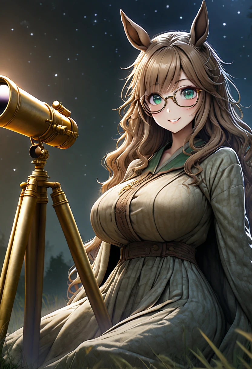 solo, female, close up:1.2, long wavy hair, brown hair, dark green eyes, centaur girl, huge woman, brown horse ears, huge breasts, scholar, modest clothes, night sky, wide smile, ((huge brass telescope on tripod)), starry sky, grassy field, night, coat, glasses, horse lower body:0.4, blanket on the ground, sitting on the ground