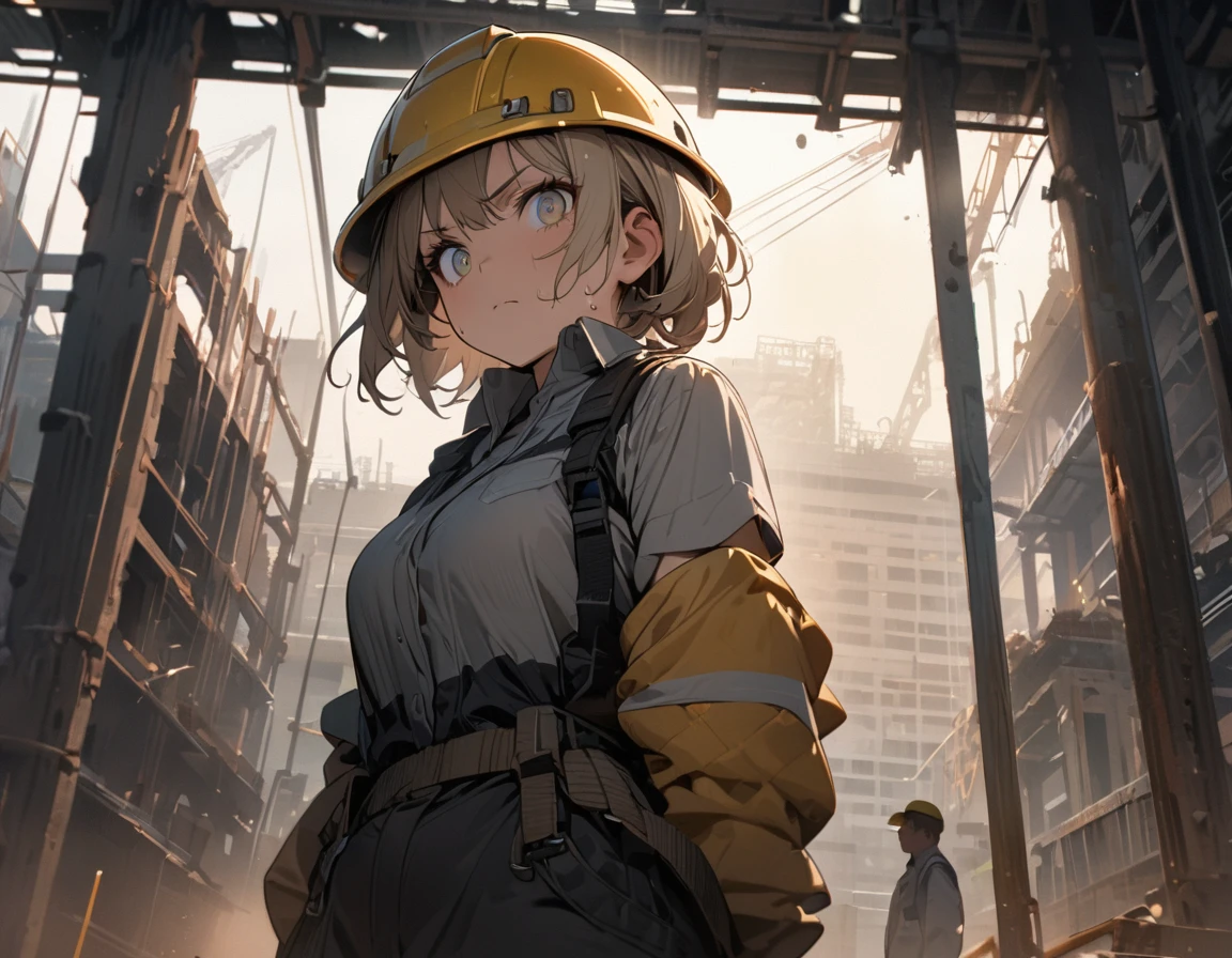 top of construction site made of Steel bars and concrete, masterpiece, top quality, highly detailed illustration, incredibly delicate and beautiful,8K,A Beautiful Asian woman dressed in work clothes is standing at the construction site,((She is carrying a Steel bars on her shoulder)),ultra-detailed face,detailed eyes,gradient eyes,short hair,milktea beige hair,lash extension,The woman is wearing a yellow helmet,Focus on the woman,Sweat,Serious,rim light,Low Angle,wide shot
