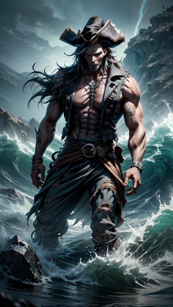 pirate:1.2, skeleton:1.2, with torn clothes, dark tone, scary scene, big wave, thunder, raining, high quality, high detailed, masterpiece, 8k, cinematic lighting, superrealistic, long exposure, full body shot, lightening, dressart