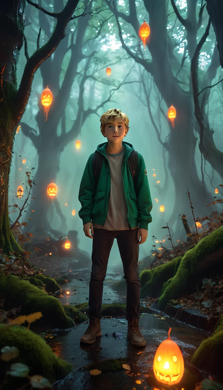 An image of Lucas in a spooky forest full of spirits