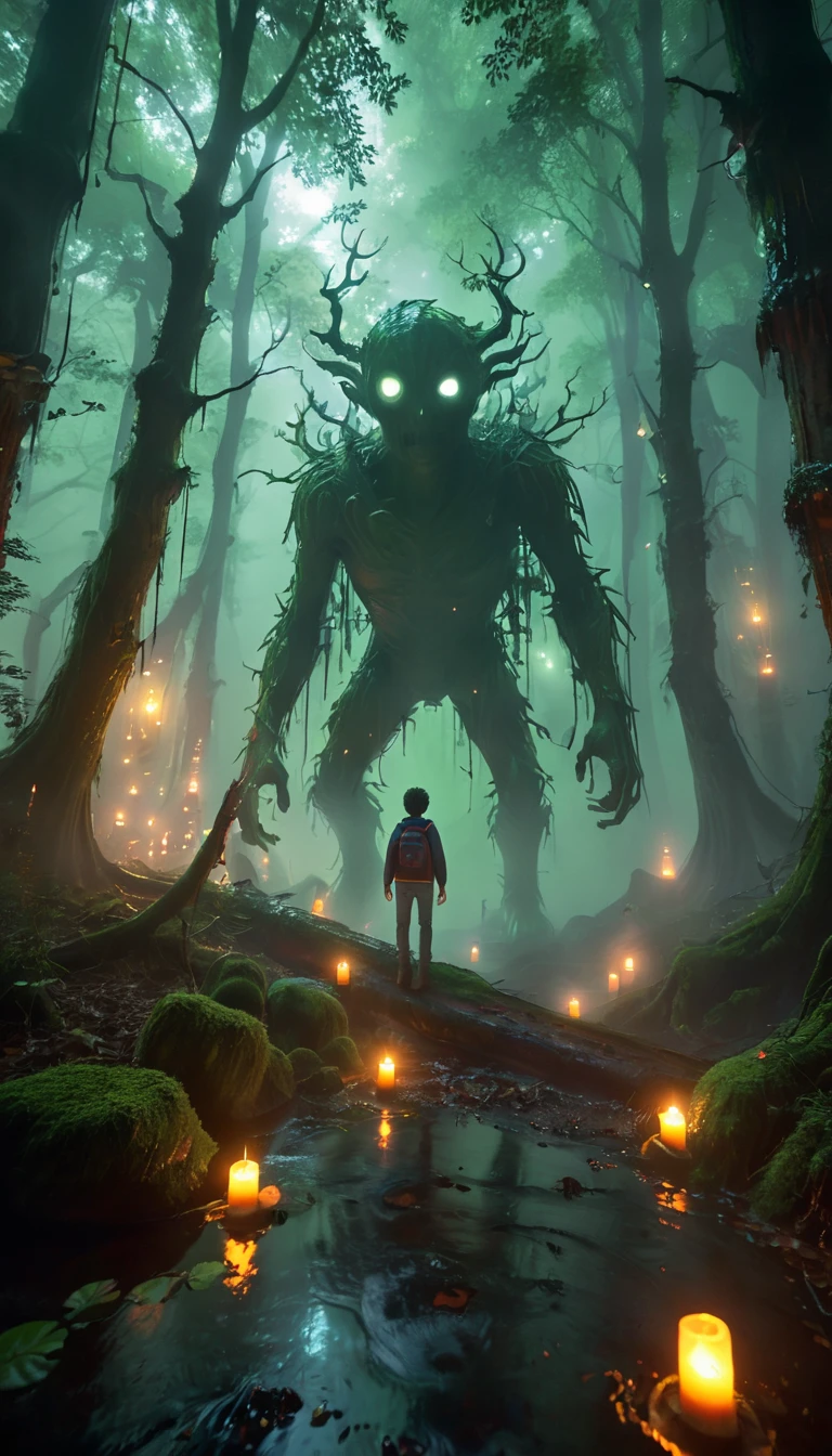 An image of Lucas in a spooky forest full of spirits
