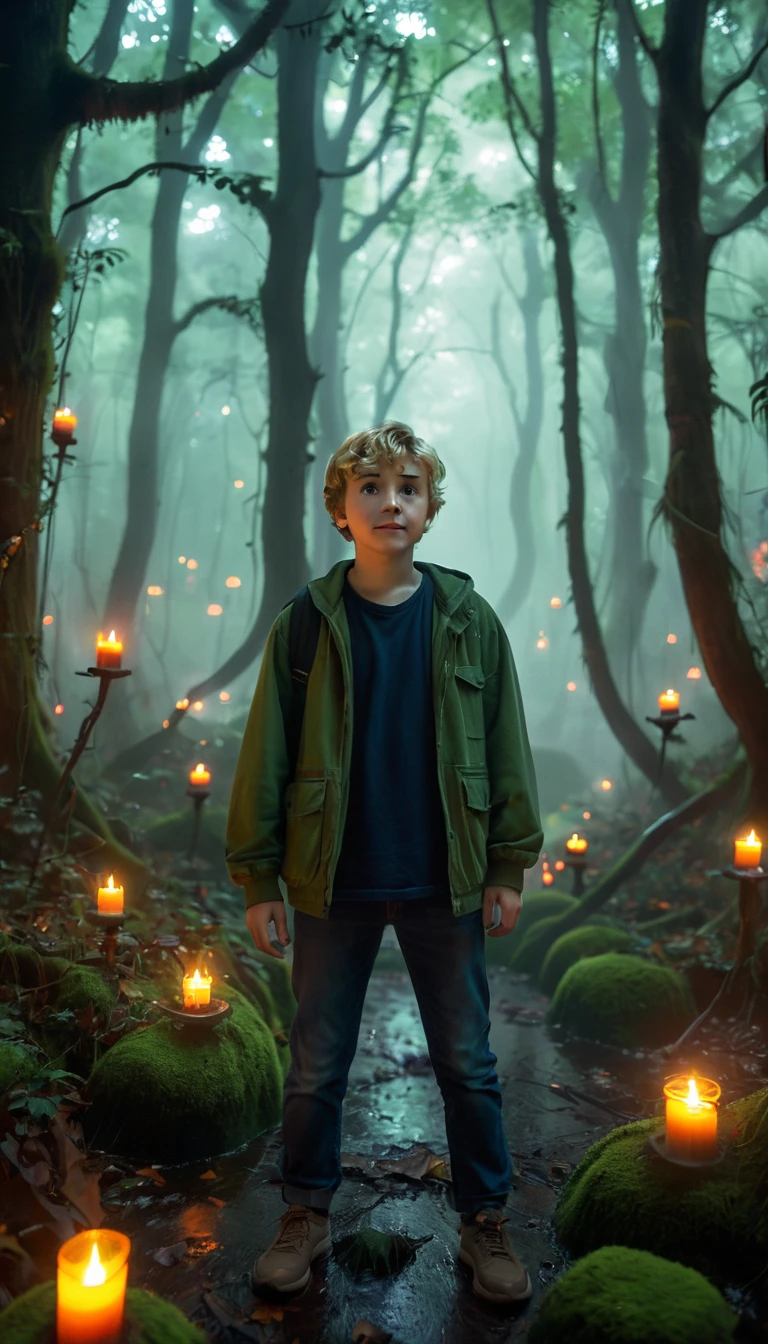 An image of Lucas in a spooky forest full of spirits
