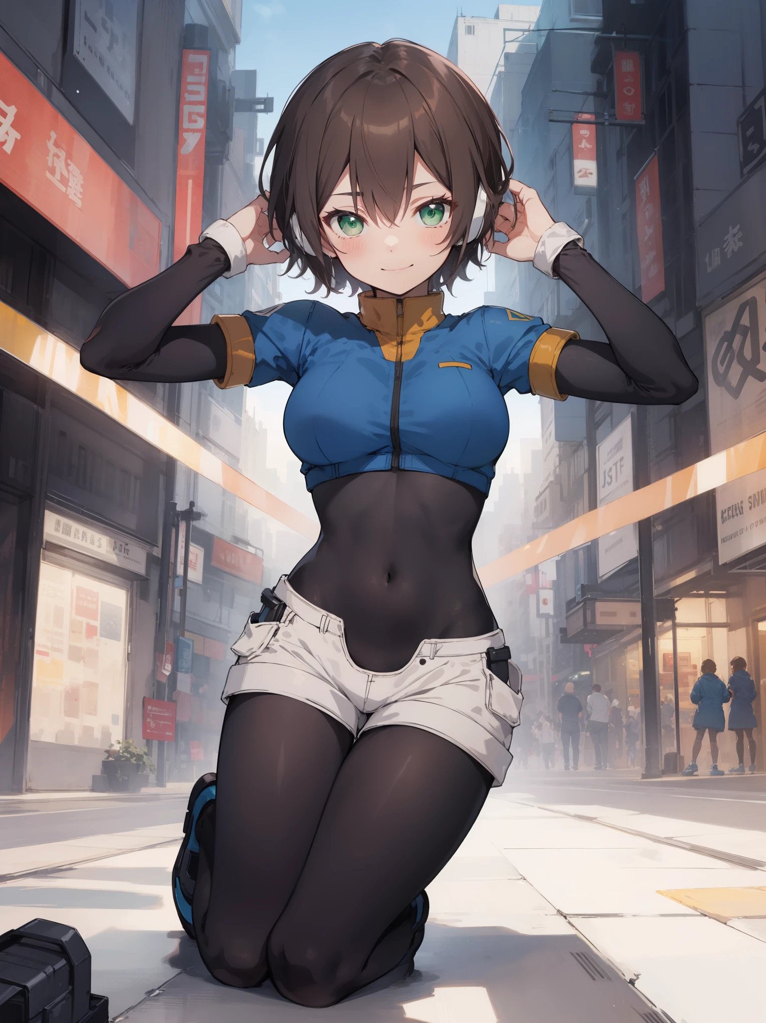 aile_megamanzx, kneeling with one hand on the ground and the other arm raised, 1girl, solo, short hair, brown hair, short sleeves, (bodysuit), robot ears, green eyes, short_shorts, short sleeves, short over long sleeves, smile, in futuristic city, , high quality, medium_breasts,crotch, slouch