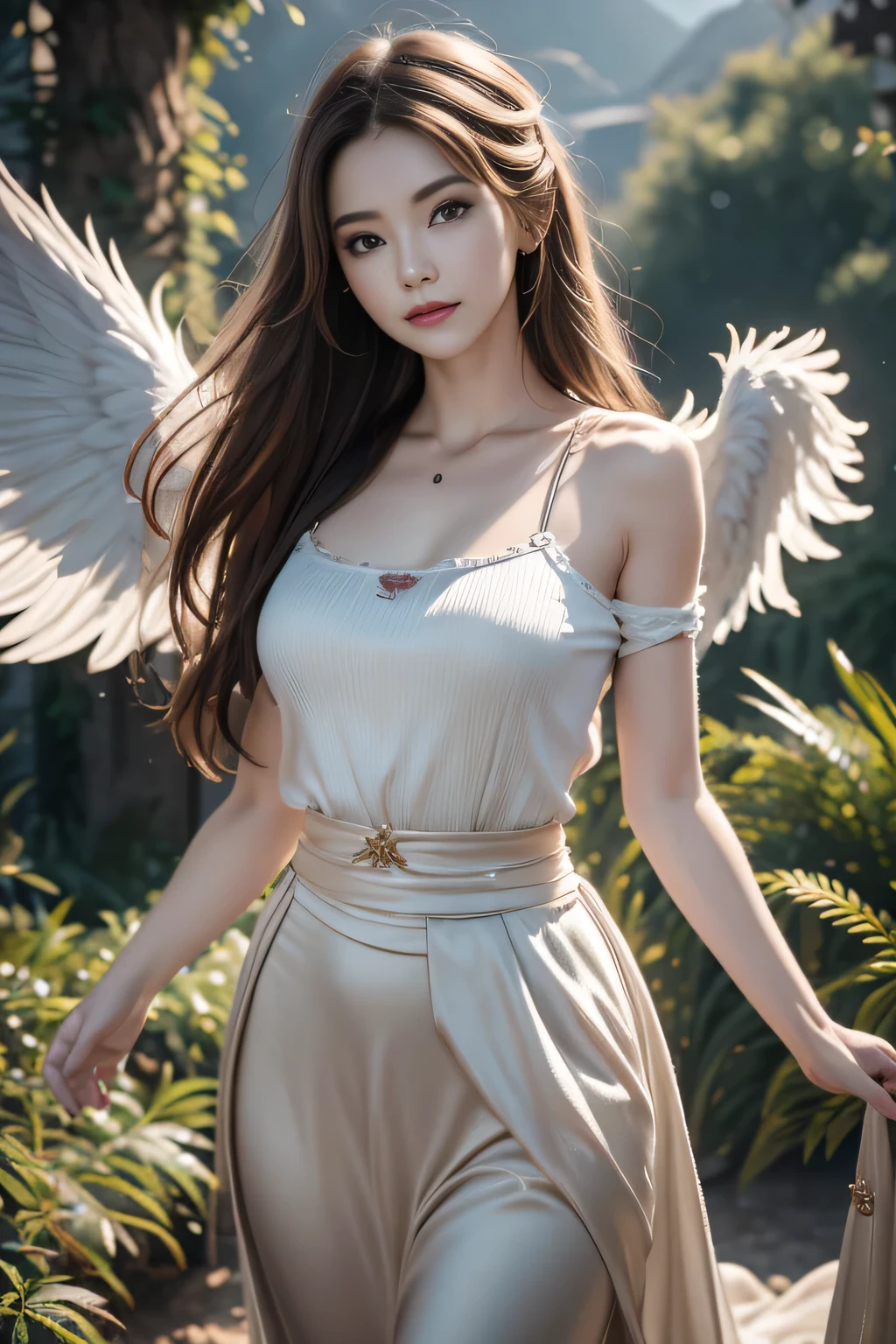 masterpiece, best quality, (Extremely detailed CG unity 8k wallpaper), (best quality), (Best Illustration), (The best shadow), absurd, Realistic lighting, (abyss), Beautiful and delicate light, Peter Moore (Peter Mohr Bacher) Artworks,Oversized wings。Angel Girl，Flying to the clouds，White Cloud，White Cloud，Blue sky。White long skirt，Golden Wings，Send with aperture。