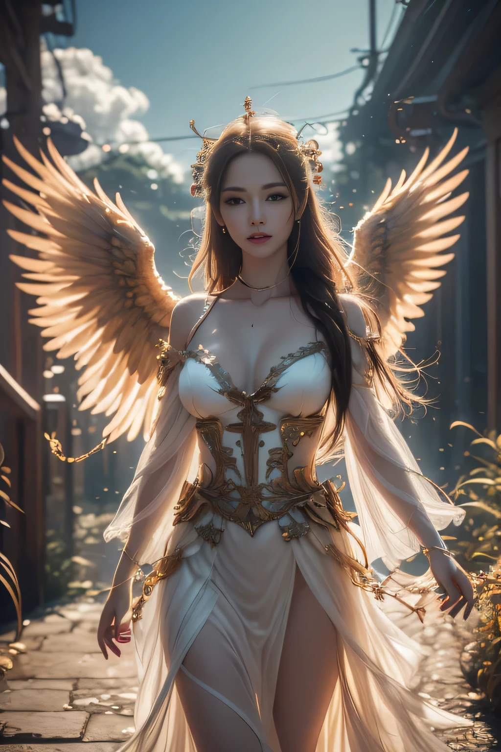 masterpiece, best quality, (Extremely detailed CG unity 8k wallpaper), (best quality), (Best Illustration), (The best shadow), absurd, Realistic lighting, (abyss), Beautiful and delicate light, Peter Moore (Peter Mohr Bacher) Artworks,Oversized wings。Angel Girl,Flying to the clouds,White Cloud,White Cloud,Blue sky。White long skirt,Golden Wings,Send with aperture