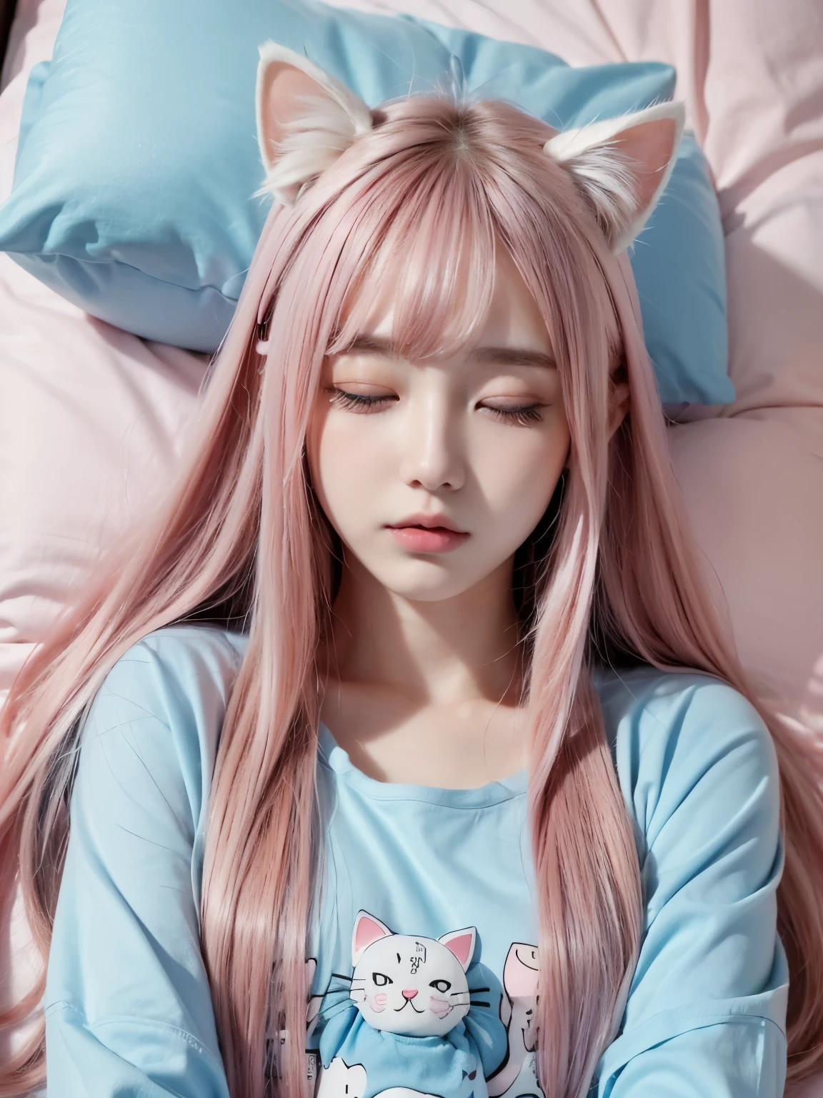 sleeping, closed eyes、ull body, Wearing very sloppy pajamas, Very sloppy pajama details((light blue、Cat pattern)),Very detailed,(Beautiful pink hair, Beautiful eyes, Long Hair, )Beautiful Face、Well-formed face、Well-balanced nose、Color your hair pink、bed、night、20-year-old、