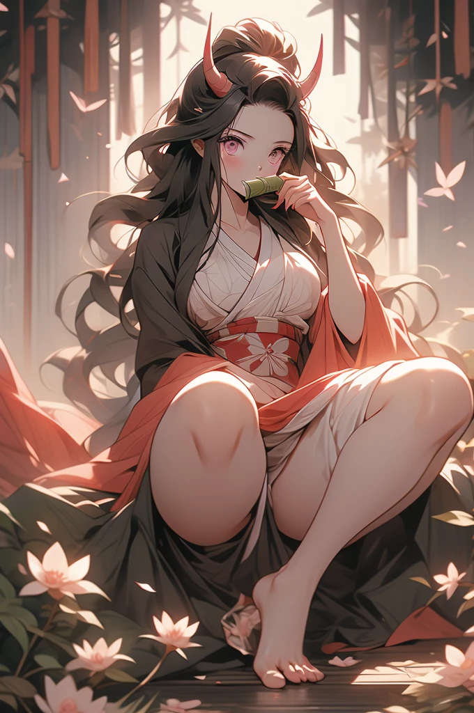 1 woman, full body, nezuko kamado oni mode, with bamboo in her mouth, demon hunter, Kimetsu no yaiba, beautiful, long hair, pink eyes, perfect, ultra hd, naked, showing her breasts, showing her pussy, nails like claws, perfect feet, demon hunter scenario, under a sakura tree, sakura leaves falling from the sky, angry face, beautiful feet, beautiful pussy, beautiful tits, legs open (showing the pussy in great detail)