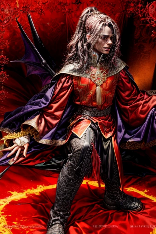 intricate, realistic portrait of a male dragon prince, dark skin, black and purple cape, fiery pendant, long red hair, sharp fangs, crimson regal suit, knee-high boots, dramatic ring of fire, hyper-detailed, 8k, photorealistic, cinematic lighting, chiaroscuro, dramatic, fantasy, concept art