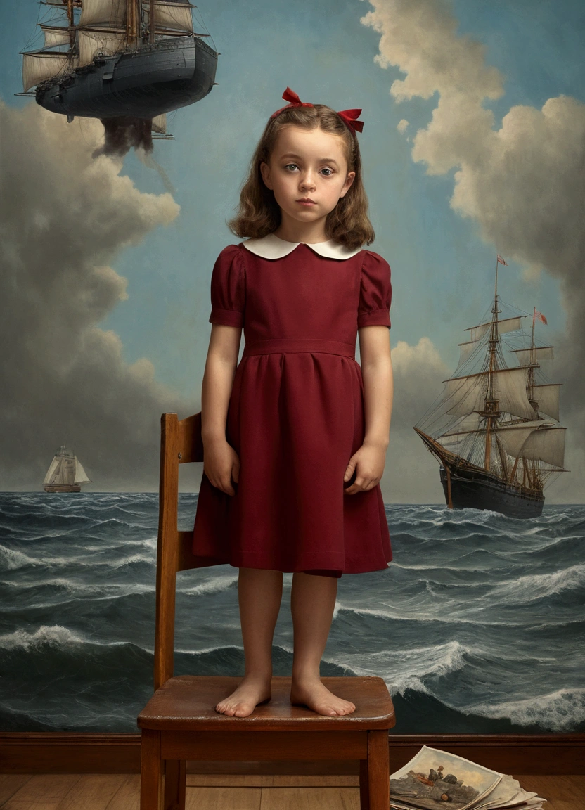 there is a young girl standing on a chair in front of a painting, inspired by Stevan Dohanos, portrait picture, inspired by Charles Addams, inspired by Frieke Janssens, inspired by Petrus Christus, girl with warship parts, portrait photo of a backdrop, photomanipulation, surreal, in style of norman rockwell, matte painting portrait shot