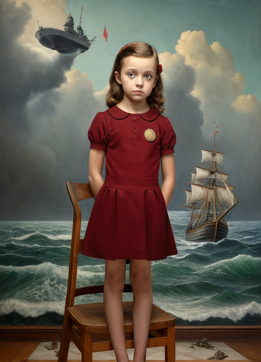 there is a young girl standing on a chair in front of a painting, inspired by Stevan Dohanos, portrait picture, inspired by Charles Addams, inspired by Frieke Janssens, inspired by Petrus Christus, girl with warship parts, portrait photo of a backdrop, photomanipulation, surreal, in style of norman rockwell, matte painting portrait shot