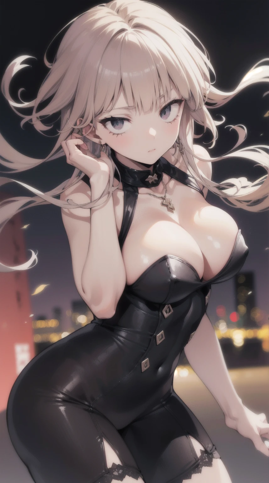 standing alone, ((work of art)),(best qualityer),((ultra detaild)), (( blurred night background)), (dynamic angle),((beautiful detailed eyes), ((dynamic pose)), large breasted, Face pretty, ((sexly, neckleace)),((yaemicodef))