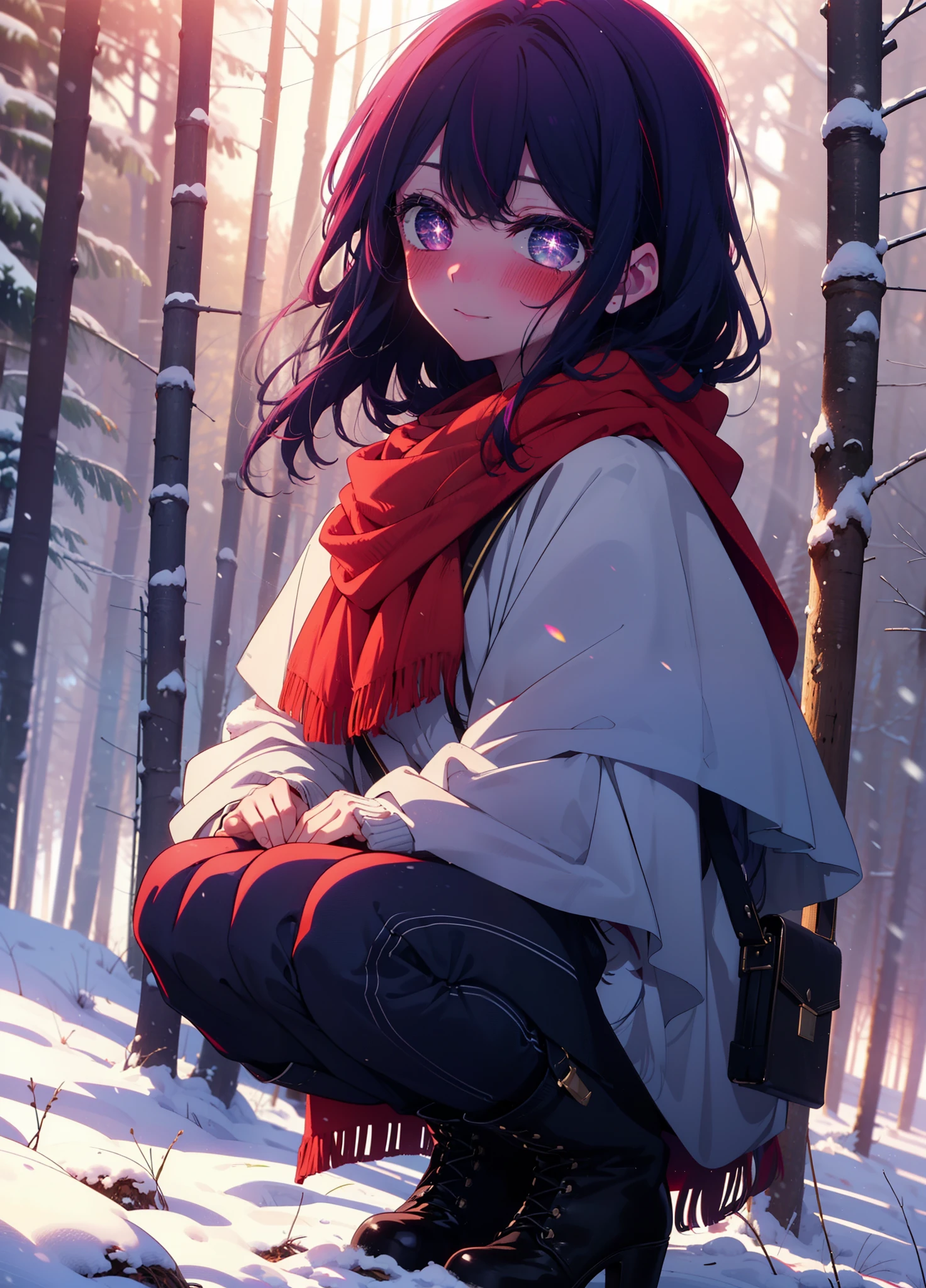 aihoshino, Ai Hoshino, Long Hair, bangs, (Purple eyes:1.1), Purple Hair, (Symbol-shaped pupil:1.5), smile,,smile,blush,white breath,
Open your mouth,snow,Ground bonfire, Outdoor, boots, snowing, From the side, wood, suitcase, Cape, Blurred, , forest, White handbag, nature, Squat, Mouth closed, Cape, winter, Written boundary depth, Black shoes, red Cape break looking at viewer, Upper Body, whole body, break Outdoor, forest, nature, break (masterpiece:1.2), Highest quality, High resolution, unity 8k wallpaper, (shape:0.8), (Beautiful and beautiful eyes:1.6), Highly detailed face, Perfect lighting, Highly detailed CG, (Perfect hands, Perfect Anatomy),