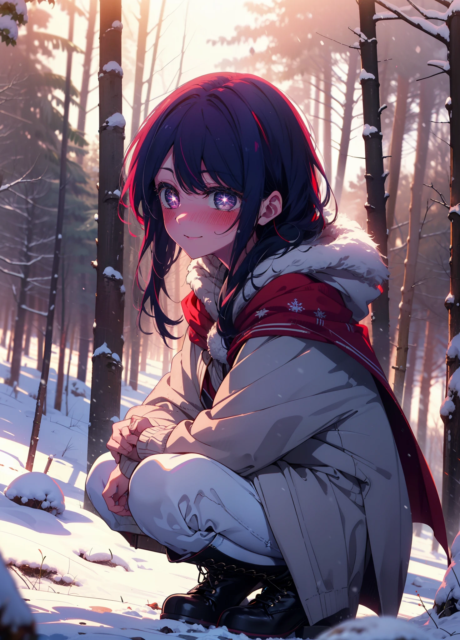 aihoshino, Ai Hoshino, Long Hair, bangs, (Purple eyes:1.1), Purple Hair, (Symbol-shaped pupil:1.5), smile,,smile,blush,white breath,
Open your mouth,snow,Ground bonfire, Outdoor, boots, snowing, From the side, wood, suitcase, Cape, Blurred, , forest, White handbag, nature, Squat, Mouth closed, Cape, winter, Written boundary depth, Black shoes, red Cape break looking at viewer, Upper Body, whole body, break Outdoor, forest, nature, break (masterpiece:1.2), Highest quality, High resolution, unity 8k wallpaper, (shape:0.8), (Beautiful and beautiful eyes:1.6), Highly detailed face, Perfect lighting, Highly detailed CG, (Perfect hands, Perfect Anatomy),