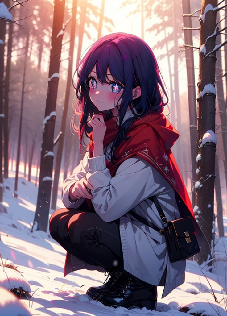 aihoshino, Ai Hoshino, Long Hair, bangs, (Purple eyes:1.1), Purple Hair, (Symbol-shaped pupil:1.5), smile,,smile,blush,white breath,
Open your mouth,snow,Ground bonfire, Outdoor, boots, snowing, From the side, wood, suitcase, Cape, Blurred, , forest, White handbag, nature,  Squat, Mouth closed, Cape, winter, Written boundary depth, Black shoes, red Cape break looking at viewer, Upper Body, whole body, break Outdoor, forest, nature, break (masterpiece:1.2), Highest quality, High resolution, unity 8k wallpaper, (shape:0.8), (Beautiful and beautiful eyes:1.6), Highly detailed face, Perfect lighting, Highly detailed CG, (Perfect hands, Perfect ???????),