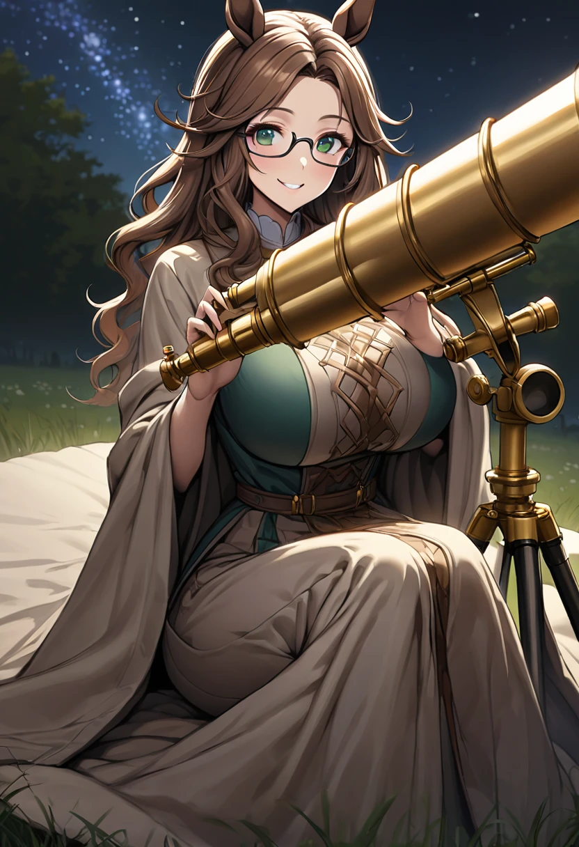 solo, female, close up:1.2, long wavy hair, brown hair, dark green eyes, centaur girl, huge woman, brown horse ears, huge breasts, scholar, modest clothes, night sky, wide smile, ((huge brass telescope on tripod)), starry sky, grassy field, night, coat, glasses, horse lower body:0.4, blanket on the ground, sitting on the ground