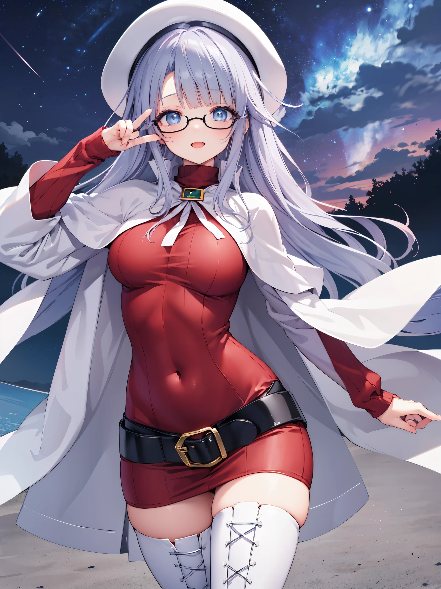 summonnightaty, aty, (young:1.3),long hair, blue eyes, red hair, big_tits, hat, glasses,
BREAK long hair, thighhighs, hat, dress, naked_legs, glasses, belt, cape, sweater, zettai ryouiki, beret, thigh boots, white footwear, ribbed sweater, loose belt,solo,
BREAK outdoors, fantasy,
,Highquality_hads,perfect_fingers,
BREAK (masterpiece:1.2), best quality, high resolution, unity 8k wallpaper, (illustration:0.8), (beautiful detailed eyes:1.6), extremely detailed face, perfect lighting, extremely detailed CG, (perfect hands, perfect anatomy),covered_nipples,covered_navel ,half_eyes,long_sword,sleepy_eyes,red_sweater,apart_knees,magical_effect,spread_legs, have_a_book,teacher,rise_knee,Smile,rise_hand,look_down_viewer,spread_arms,,looking_into,plump,open_mouth, dynamic_posing,solo,in_Emodern_town_landscape,night_sky,solo