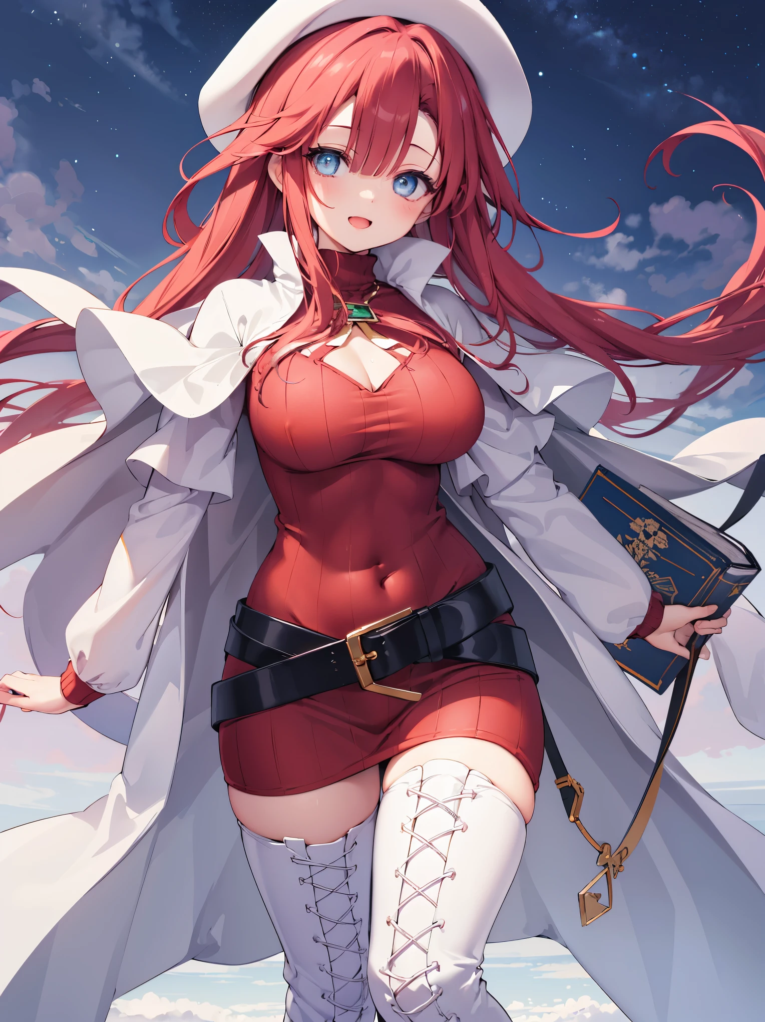 summonnightaty, aty, (young:1.3),long hair, blue eyes, red hair, big_tits, hat, glasses,
BREAK long hair, thighhighs, hat, dress, naked_legs, glasses, belt, cape, sweater, zettai ryouiki, beret, thigh boots, white footwear, ribbed sweater, loose belt,solo,
BREAK outdoors, fantasy,
,Highquality_hads,perfect_fingers,
BREAK (masterpiece:1.2), best quality, high resolution, unity 8k wallpaper, (illustration:0.8), (beautiful detailed eyes:1.6), extremely detailed face, perfect lighting, extremely detailed CG, (perfect hands, perfect anatomy),covered_nipples,covered_navel ,half_eyes,long_sword,sleepy_eyes,red_sweater,apart_knees,magical_effect,spread_legs, have_a_book,teacher,rise_knee,Smile,rise_hand,look_down_viewer,spread_arms,,looking_into,plump,open_mouth, dynamic_posing,solo,in_Emodern_town_landscape,night_sky,solo