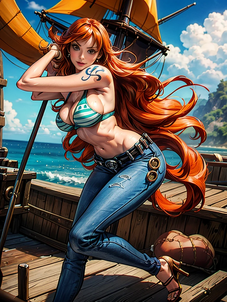 masterpiece, (Realistic:1.5), Highest quality, Beautiful lighting, Real Life, US \(one piece\), (only solo people ), 2 or more people NG, (perfect anatomy) , beautiful , , , Floating Hair, Long Orange Hair, Brown eyes, , Exposing shoulders , shoulder tattoo, large breasts , Cleavage, Slim waist, smile, , standing alone , Sweat-soaked skin, , low-rise jeans, , , 比基尼(micro:1.5, green, top only , ), full-body shot angle capturing, Wearing high heels, Detailed high heels, Bangles, bangs, Earrings, , bracelet, between legs, green belt, jewelry, Log Pause, belly button, , , , , , blue sky, cloud, big pirate ship on the sea, floor, , Detailed footwork , , , Complex, Attention to detail, Sharp focus, dramatic, (RAW Photos, 8k Ultra HD, Film Grain), Caustics, Scattered beneath th