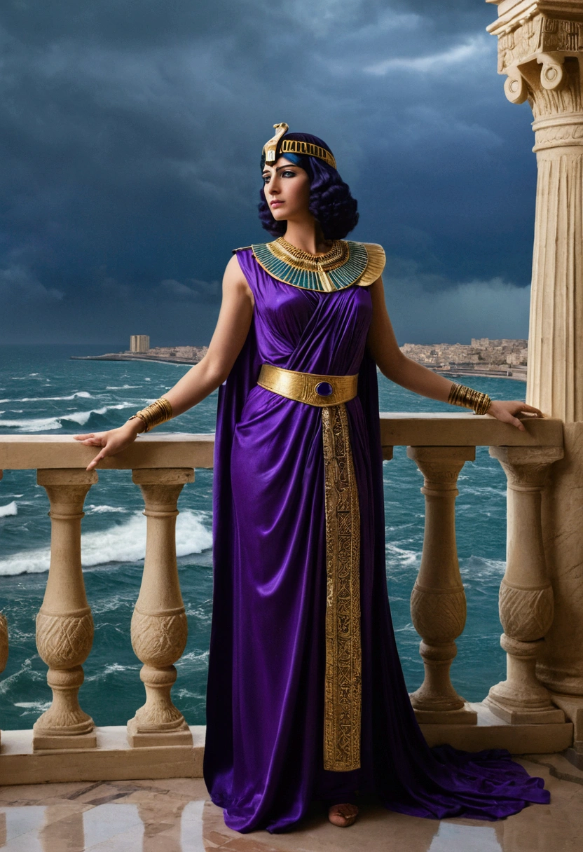 Cleopatra, standing on a balcony overlooking Alexandria, dressed in royal purple, with a stormy sea in the background