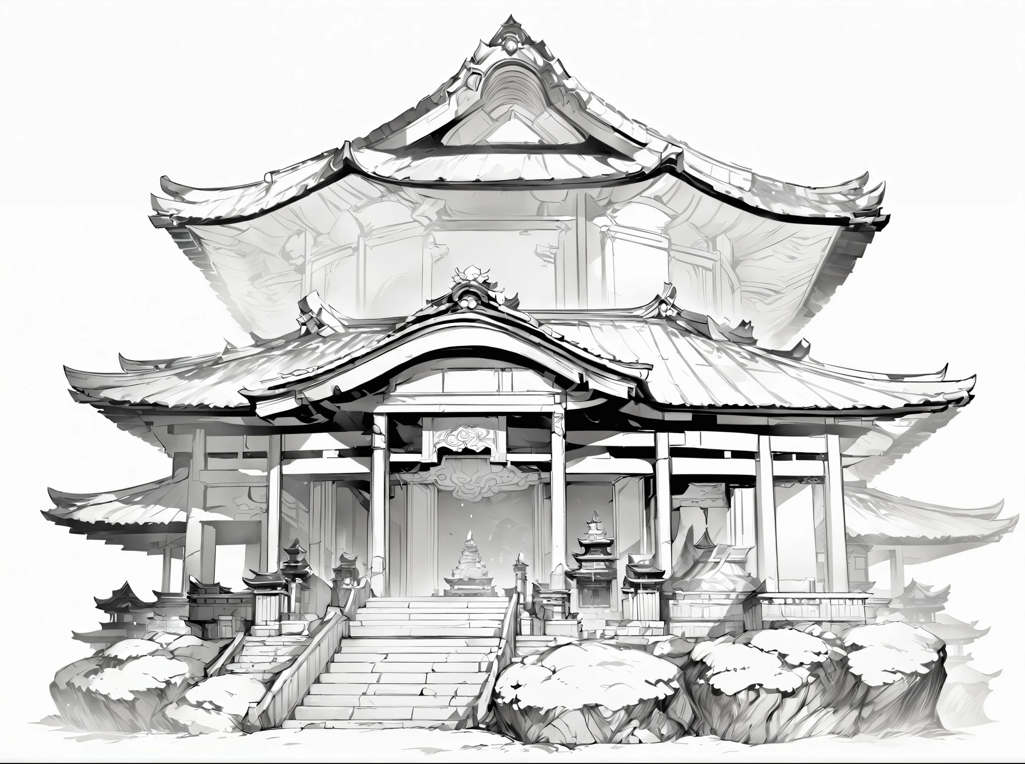 Need to create concept art for Zenkoji Temple, for MMORPG, Zenkoji Temple is a sacred place in our game, set in a Japanese setting. This place has deep spiritual significance for the gaming world, for cultural and religious events. The temple is a stone structure with features characteristic of Japanese architecture.: pagoda style roof, curved roofs, wooden posts and panels, digital painting, fantasies, fairy tale style, Fantasy, A game, сказочная A game про Японию, big temple, impressive size temple, digital painting