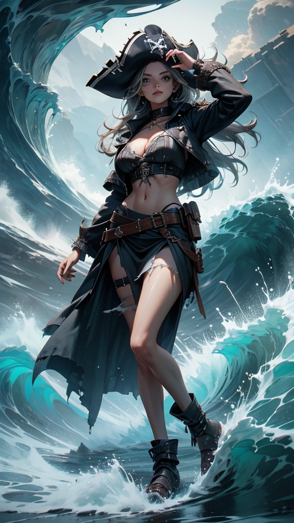 Female, pirate:1.2, skeleton:1.2, with torn clothes, dark tone, scary scene, big wave, thunder, raining, high quality, high detailed, masterpiece, 8k, cinematic lighting, superrealistic, long exposure, full body shot, lightening, dressart
