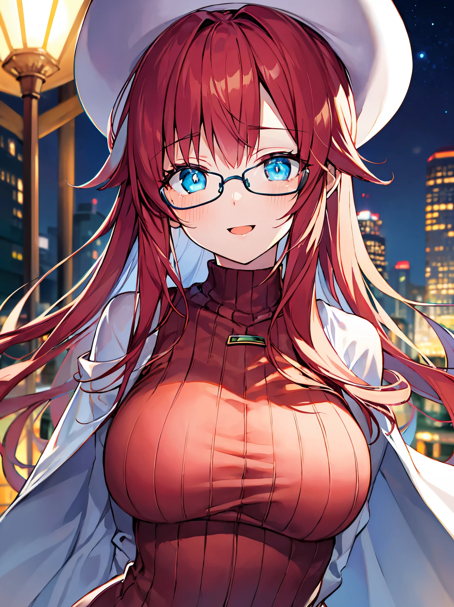 summonnightaty, aty, (young:1.3),long hair, blue eyes, red hair, big_tits, hat, glasses, BREAK long hair,, hat, dress,glasses, cape, sweater, beret,ribbed sweater,,solo, BREAK outdoors, fantasy, BREAK (masterpiece:1.2), best quality, high resolution, unity 8k wallpaper, (illustration:0.8), (beautiful detailed eyes:1.6), extremely detailed face, perfect lighting, extremely detailed CG, perfect anatomy),covered_nipples,half_eyes,sleepy_eyes,red_sweater,magical_effect,,Smile,open_mouth,solo,in_modern_town_landscape,night_sky,solo,portrait,bust up,looking_viewer