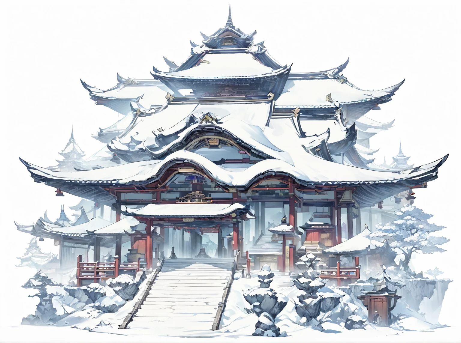 Need to create concept art for Zenkoji Temple, for MMORPG, Zenkoji Temple is a sacred place in our game, set in a Japanese setting. This place has deep spiritual significance for the gaming world, for cultural and religious events. The temple is a stone structure with features characteristic of Japanese architecture.: pagoda style roof, curved roofs, wooden posts and panels, digital painting, fantasies, fairy tale style, Fantasy, A game, сказочная A game про Японию, big temple, impressive size temple, digital painting