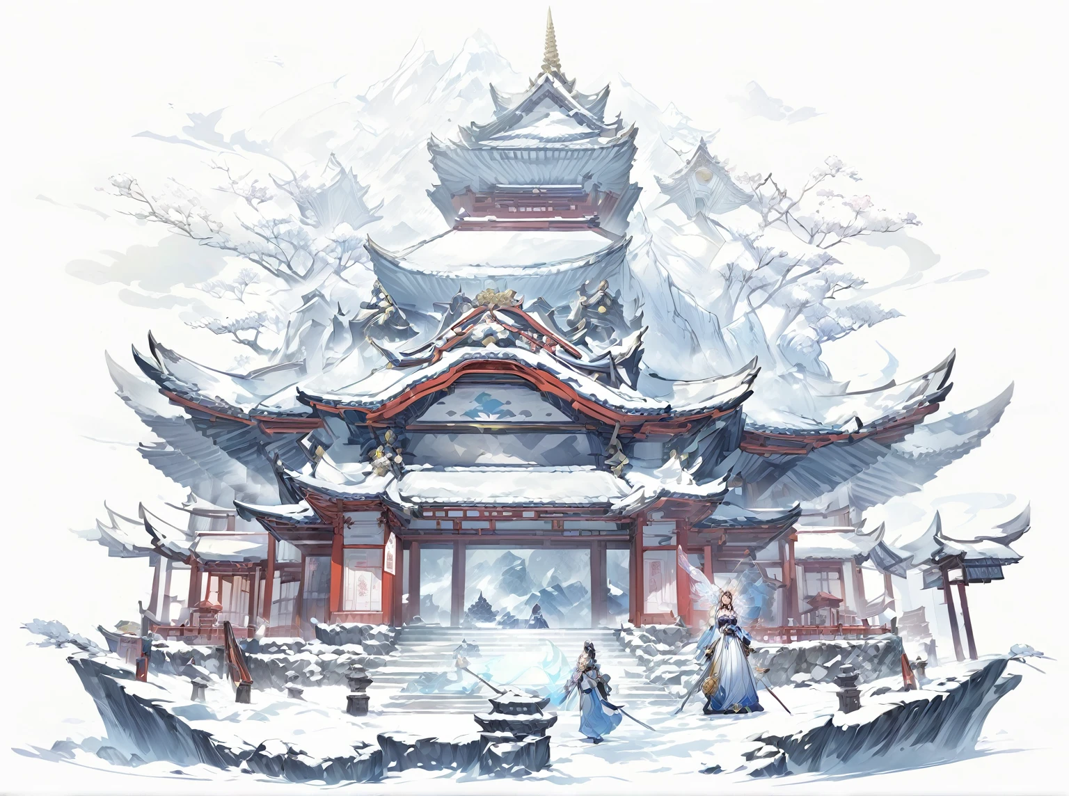 Need to create concept art for Zenkoji Temple, for MMORPG, Zenkoji Temple is a sacred place in our game, set in a Japanese setting. This place has deep spiritual significance for the gaming world, for cultural and religious events. The temple is a stone structure with features characteristic of Japanese architecture.: pagoda style roof, curved roofs, wooden posts and panels, digital painting, fantasies, fairy tale style, Fantasy, A game, сказочная A game про Японию, big temple, impressive size temple, digital painting