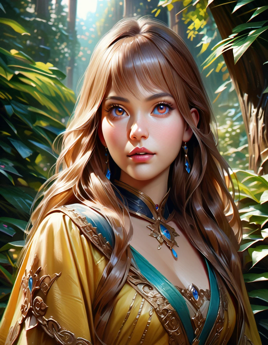 A beautiful young woman with long, flowing golden hair wearing a yellow dress standing in a lush, enchanting forest, (best quality,4k,8k,highres,masterpiece:1.2),ultra-detailed,(realistic,photorealistic,photo-realistic:1.37),detailed face,beautiful detailed eyes,beautiful detailed lips,extremely detailed eyes and face,longeyelashes,princess,fantasy,fairy tale,vibrant colors,natural lighting,detailed foliage,sunlight filtering through trees,magical atmosphere