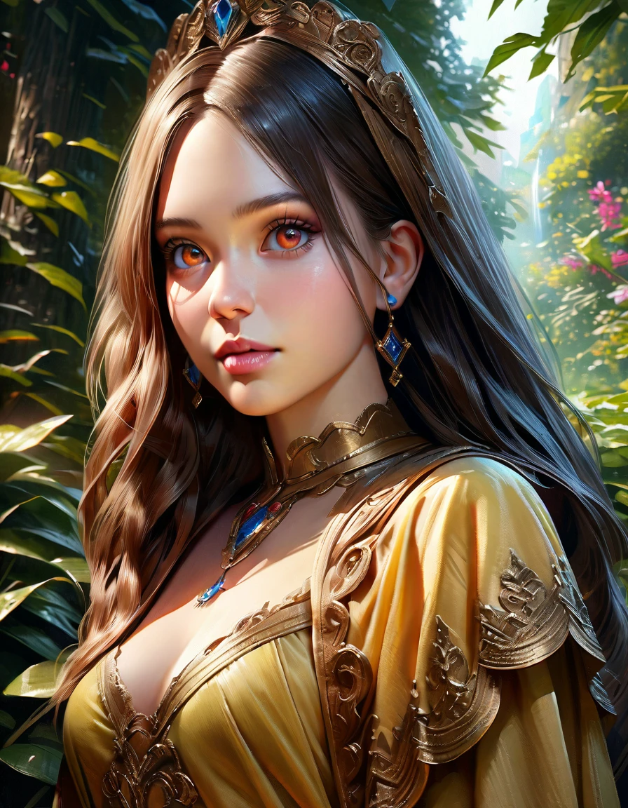 A beautiful young woman with long, flowing golden hair wearing a yellow dress standing in a lush, enchanting forest, (best quality,4k,8k,highres,masterpiece:1.2),ultra-detailed,(realistic,photorealistic,photo-realistic:1.37),detailed face,beautiful detailed eyes,beautiful detailed lips,extremely detailed eyes and face,longeyelashes,princess,fantasy,fairy tale,vibrant colors,natural lighting,detailed foliage,sunlight filtering through trees,magical atmosphere
