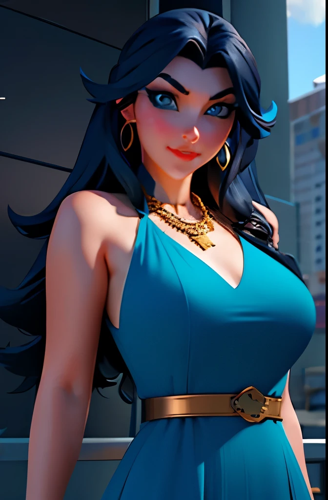 arafed woman in a blue dress with a gold belt and a necklace, 3 d render character art 8 k, trending on cgstation, chengwei pan on artstation, inspired by Lan Ying, 8k artgerm bokeh, 8k high quality detailed art, deviantart artstation cgscosiety, cgsociety 8k, cgsociety 8k